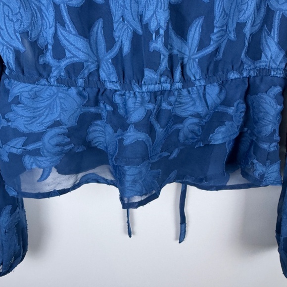 B-O-G COLLECTIVE Bright Blue Floral Semi Sheer Ruffles Top / Size Small - Picture 11 of 14